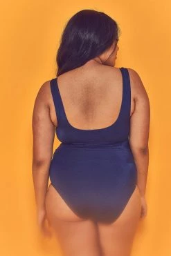 Wolf & Whistle Swimwear Navy Belted Plunge Swimsuit Curve
