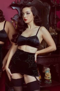 Bettie Page Lingerie Basques & Corsets Annabelle Diamante Spiderweb Black Girdle