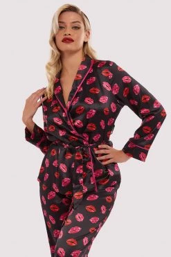 Bettie Page Lingerie Kiss Print Tie PJ Top And Bottom