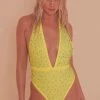 Wolf & Whistle Neon Yellow Halter Neck Diamante Plunge Swimsuit Swimwear