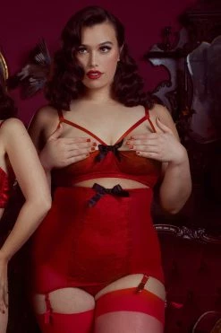 Bettie Page Lingerie Suspenders Elsie Lace Girdle Red